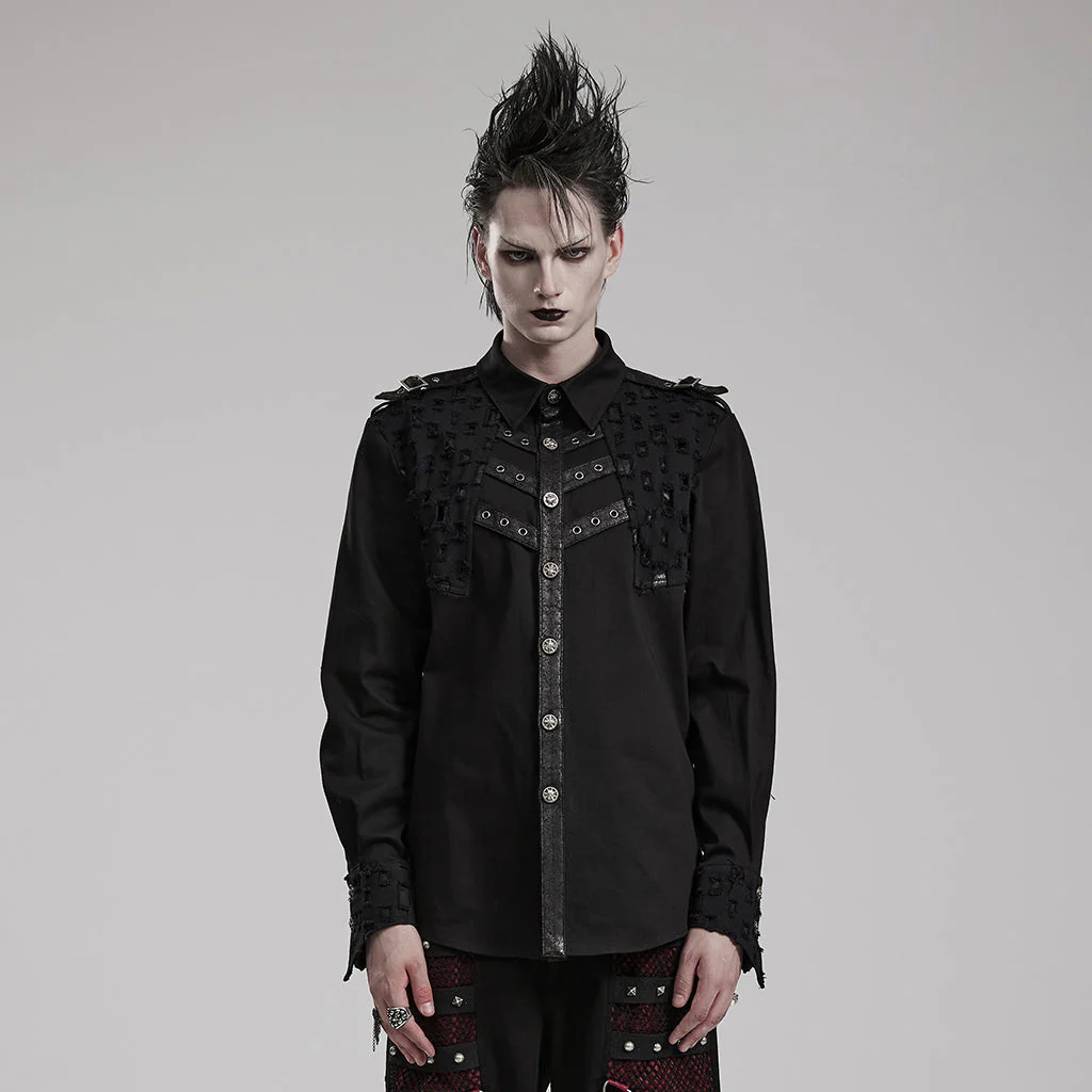 WY-1552CCM Gothic Punk Studded Long Sleeve Shirt with Button Embellishments - Image 11