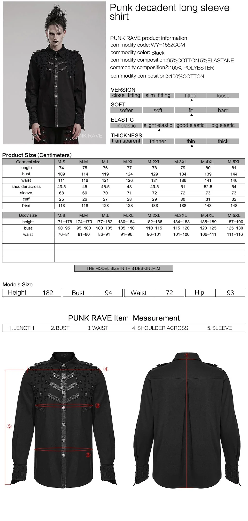 WY-1552CCM Gothic Punk Studded Long Sleeve Shirt with Button Embellishments - Image 12
