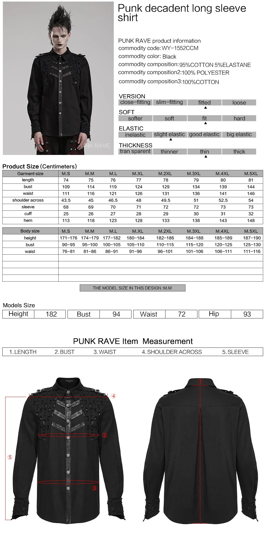 WY-1552CCM Gothic Punk Studded Long Sleeve Shirt with Button Embellishments - Image 2