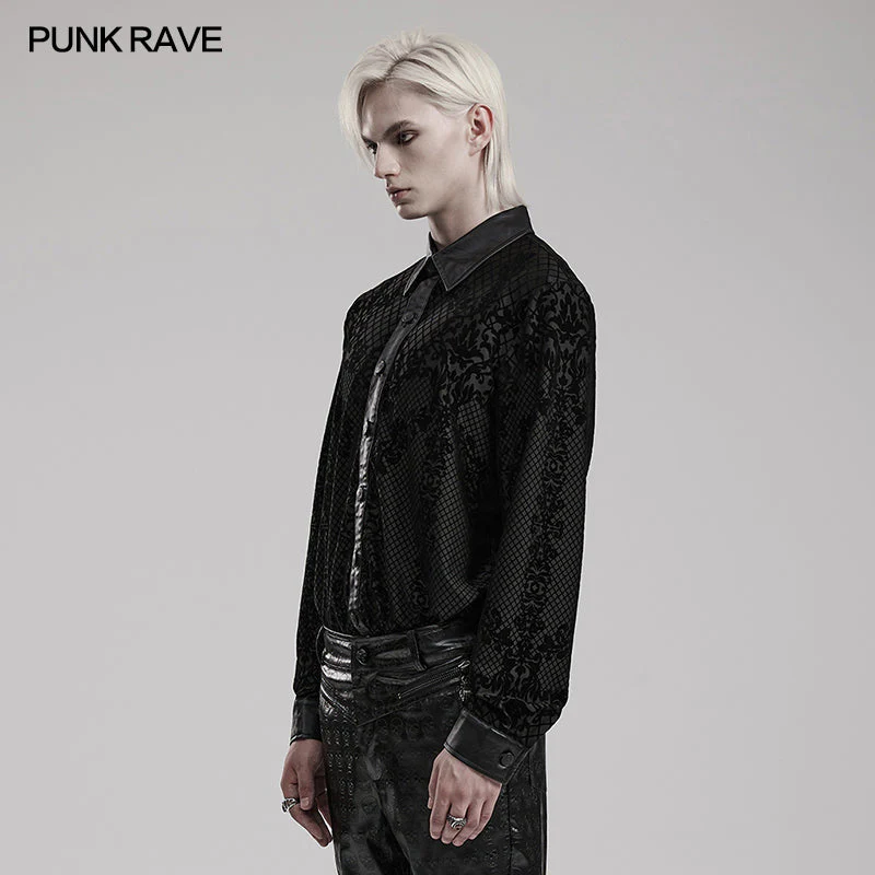 WY-1554CCM Punk Rave Gothic Shirt Velvet Jacquard Button-Up with Leather Trim - Image 2