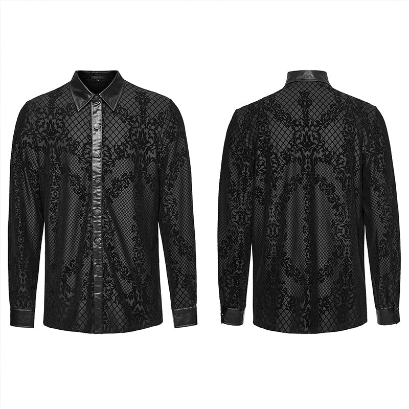 WY-1554CCM Punk Rave Gothic Shirt Velvet Jacquard Button-Up with Leather Trim - Image 4