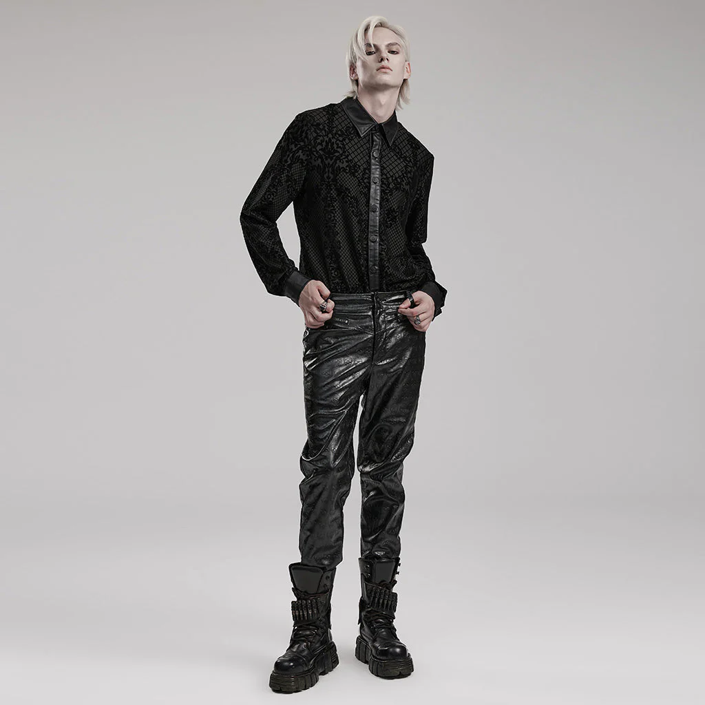 WY-1554CCM Punk Rave Gothic Shirt Velvet Jacquard Button-Up with Leather Trim - Image 8