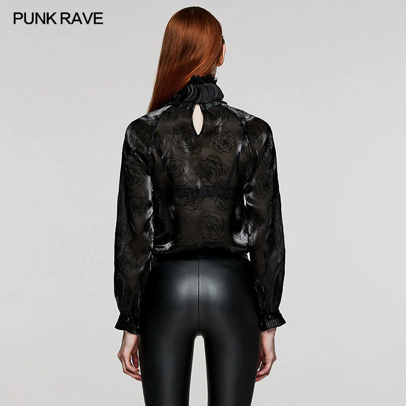 WY-1563CCF Punk Rave Gothic Shirt black Satin High Neck Blouse with Floral Jacquard - Image 15