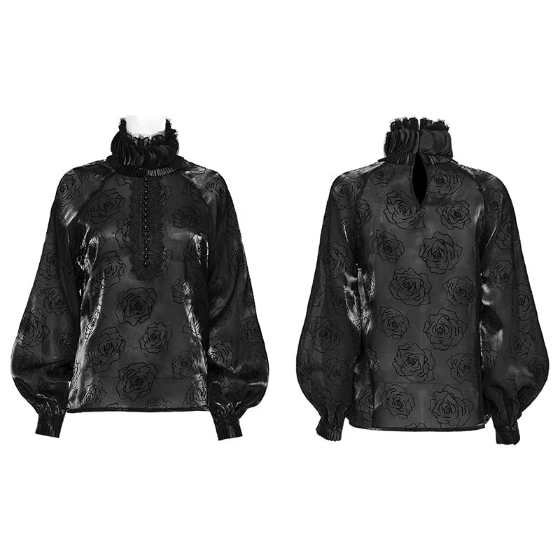 WY-1563CCF Punk Rave Gothic Shirt black Satin High Neck Blouse with Floral Jacquard - Image 16