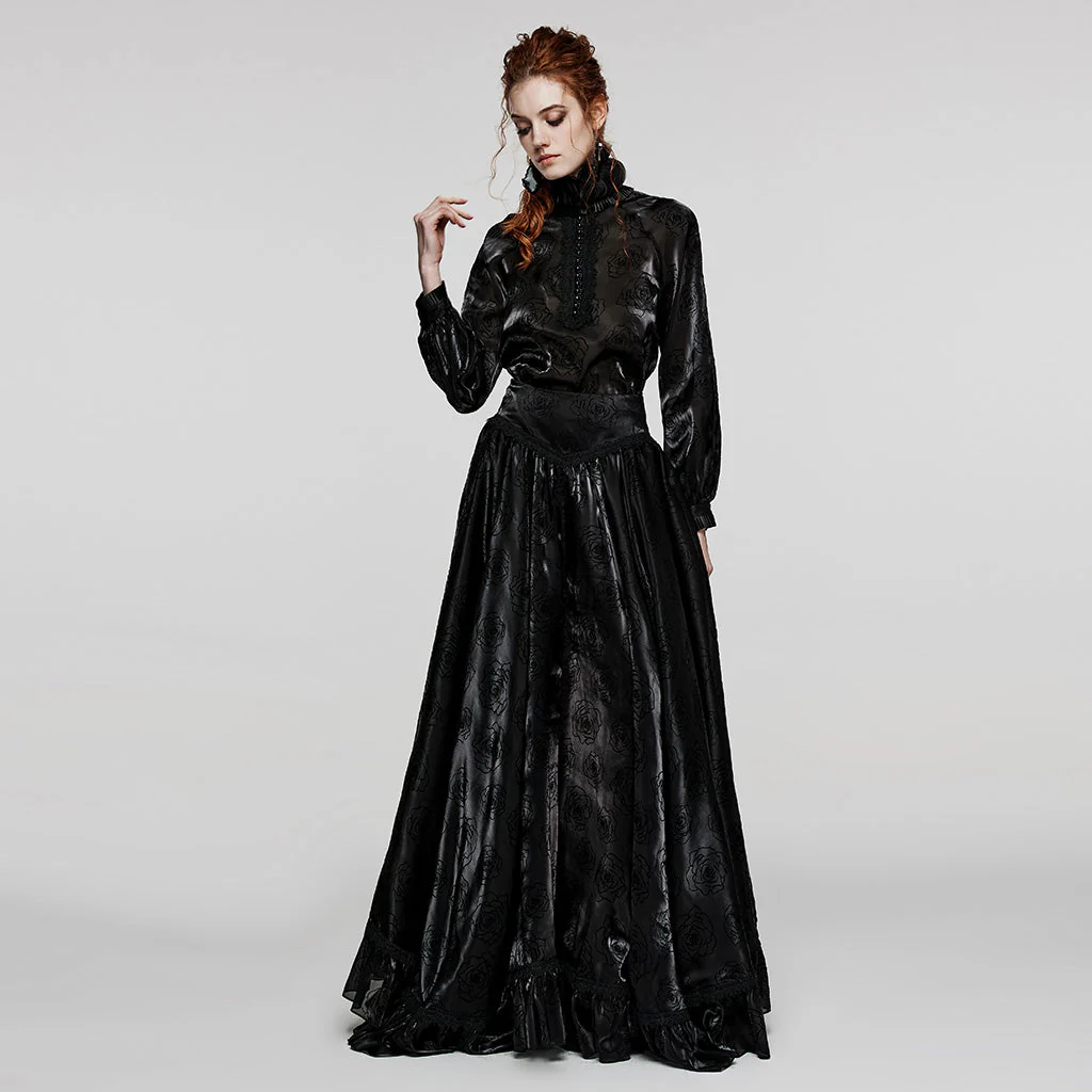 WY-1563CCF Punk Rave Gothic Shirt black Satin High Neck Blouse with Floral Jacquard - Image 18