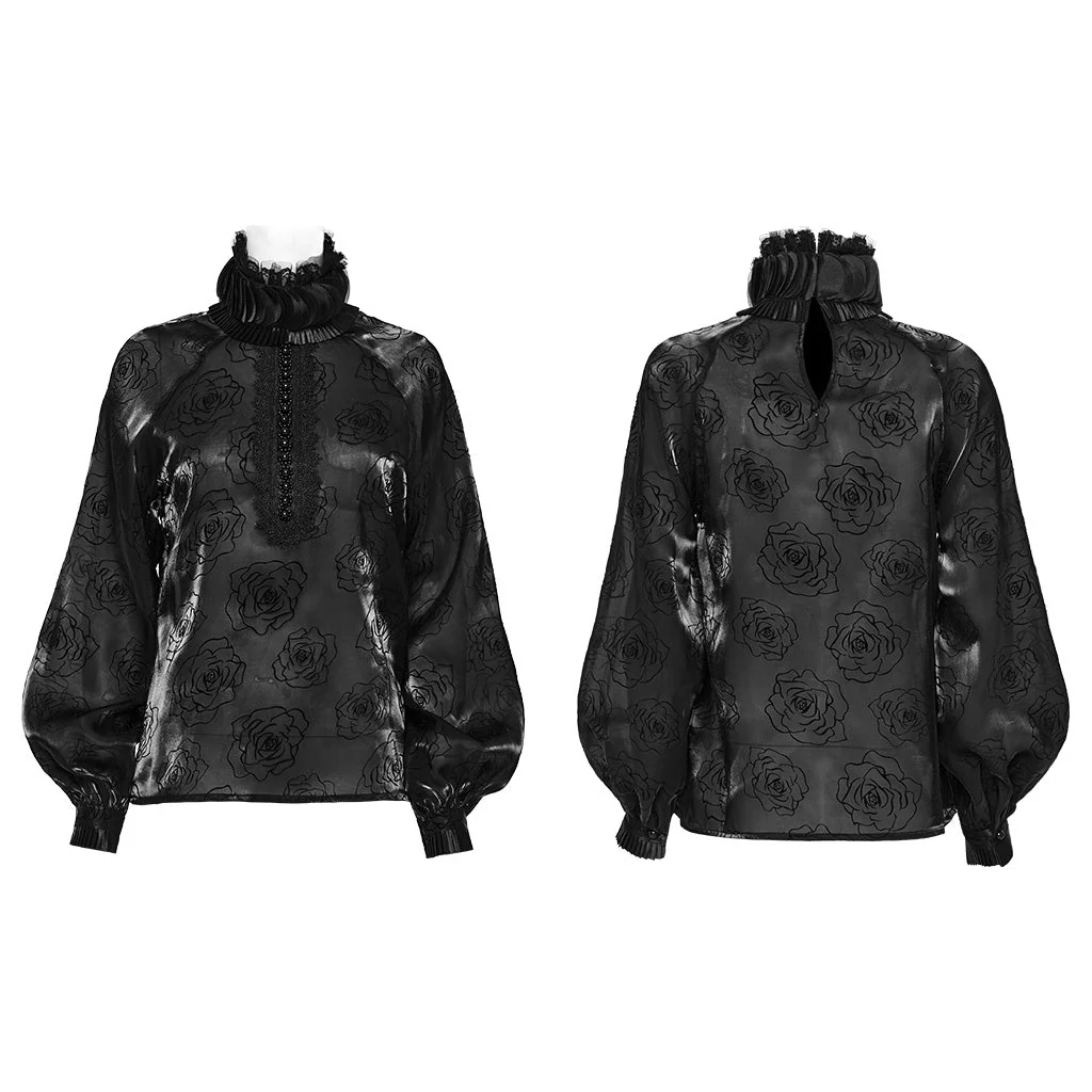 WY-1563CCF Punk Rave Gothic Shirt black Satin High Neck Blouse with Floral Jacquard - Image 19
