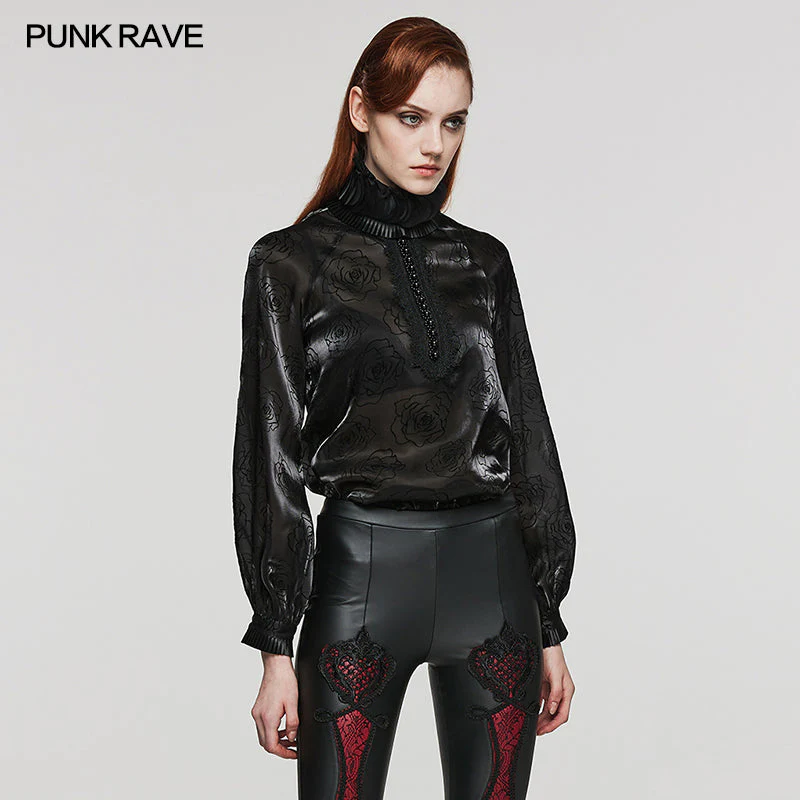 WY-1563CCF Punk Rave Gothic Shirt black Satin High Neck Blouse with Floral Jacquard - Image 2