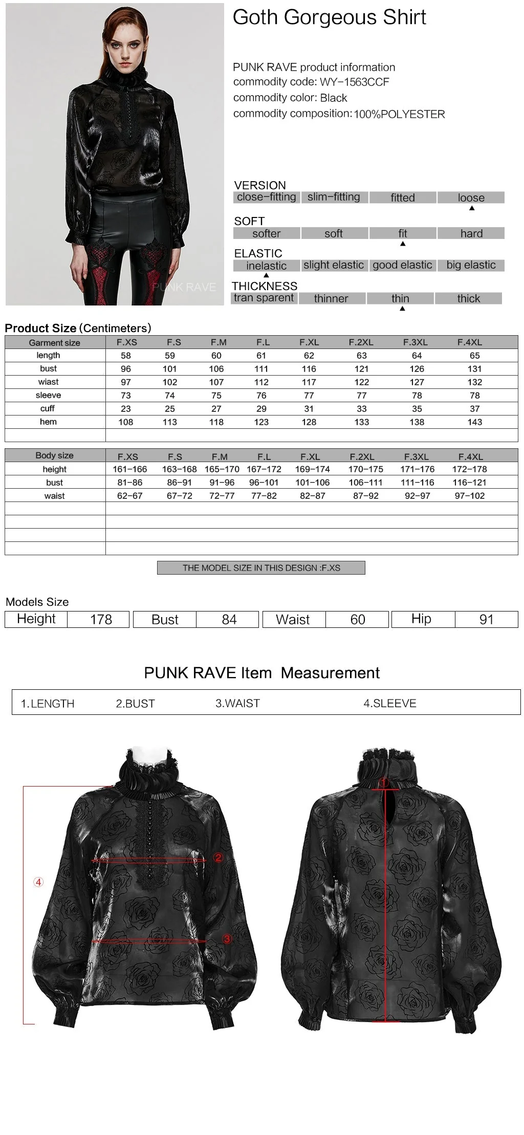 WY-1563CCF Punk Rave Gothic Shirt black Satin High Neck Blouse with Floral Jacquard - Image 24