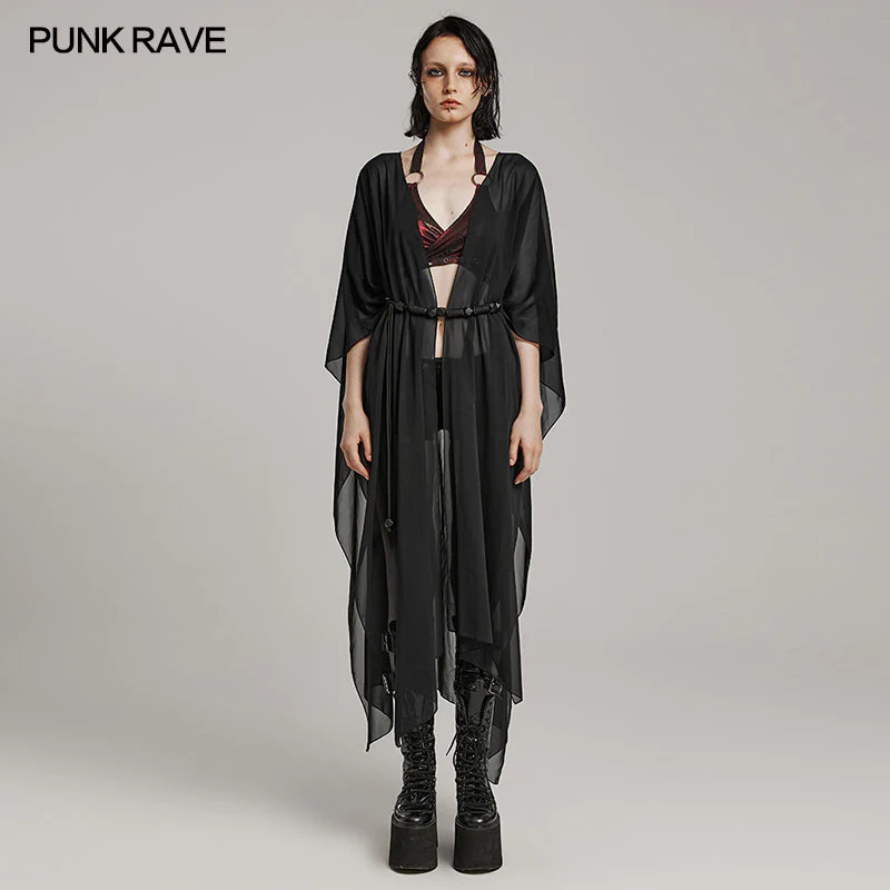 WY-1566DPF Punk Rave Gothic Shirt Sheer Long Drape Kimono Top with Belt