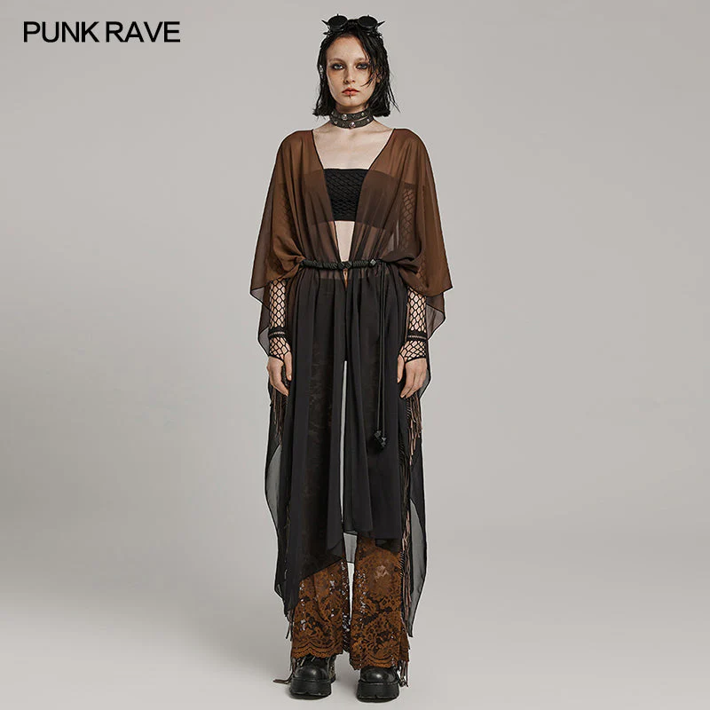 WY-1566DPF Punk Rave Gothic Shirt Sheer Long Drape Kimono Top with Belt - Image 13