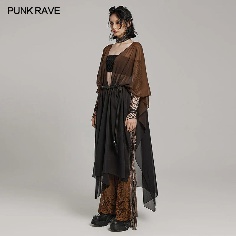 WY-1566DPF Punk Rave Gothic Shirt Sheer Long Drape Kimono Top with Belt - Image 14