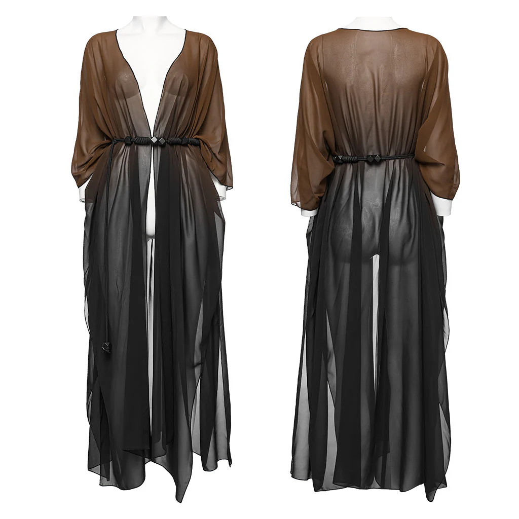 WY-1566DPF Punk Rave Gothic Shirt Sheer Long Drape Kimono Top with Belt - Image 19
