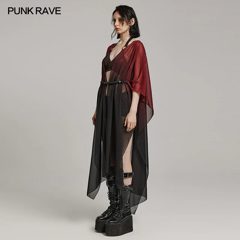 WY-1566DPF Punk Rave Gothic Shirt Sheer Long Drape Kimono Top with Belt - Image 25