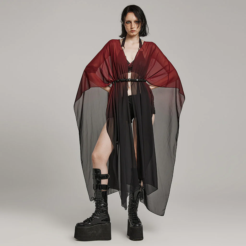 WY-1566DPF Punk Rave Gothic Shirt Sheer Long Drape Kimono Top with Belt - Image 31