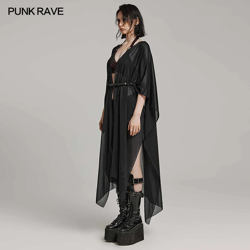 WY-1566DPF Punk Rave Gothic Shirt Sheer Long Drape Kimono Top with Belt - Image 36