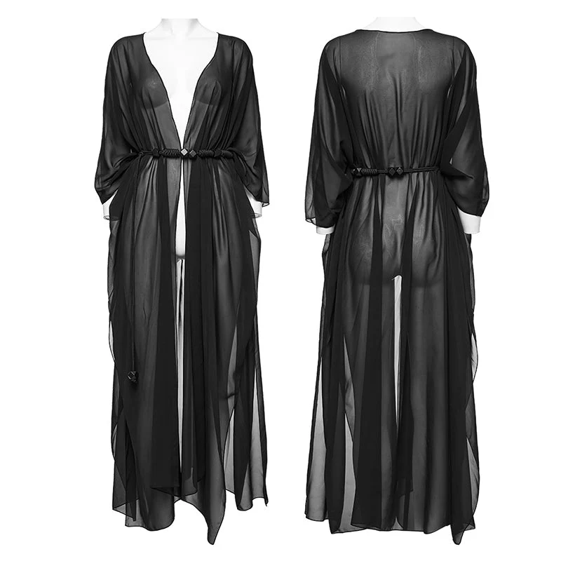 WY-1566DPF Punk Rave Gothic Shirt Sheer Long Drape Kimono Top with Belt - Image 4