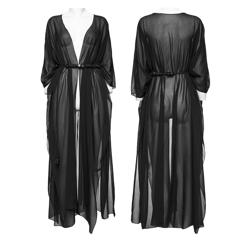 WY-1566DPF Punk Rave Gothic Shirt Sheer Long Drape Kimono Top with Belt - Image 43
