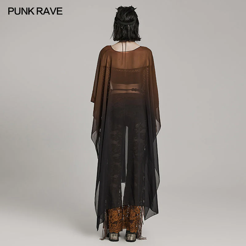 WY-1566DPF Punk Rave Gothic Shirt Sheer Long Drape Kimono Top with Belt - Image 49
