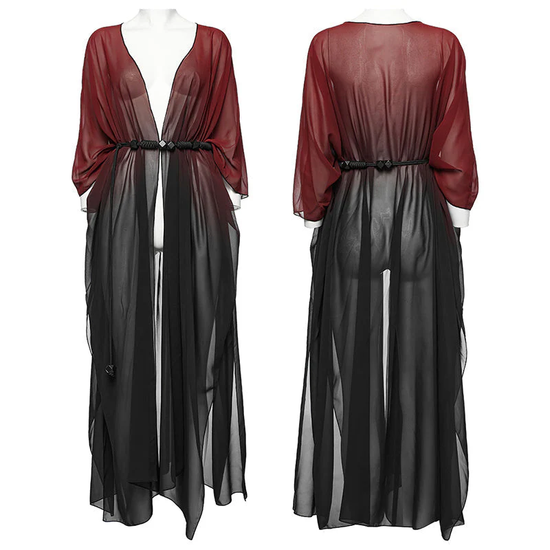 WY-1566DPF Punk Rave Gothic Shirt Sheer Long Drape Kimono Top with Belt - Image 60