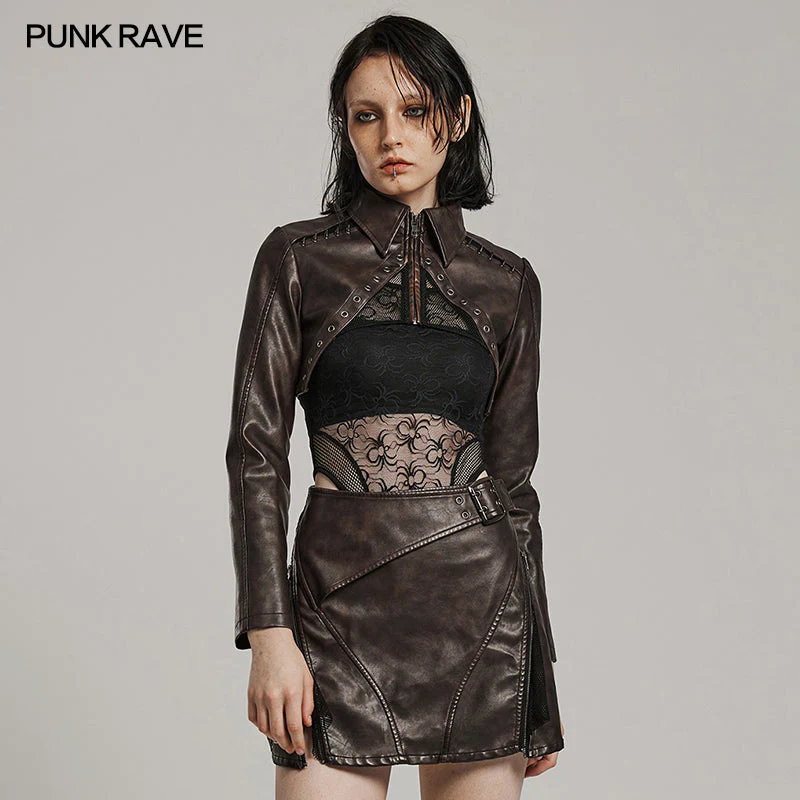 WY-1568PDF Punk Rave Punk Jacket Cropped Faux Leather Zip-Up with Studded Details - Image 13