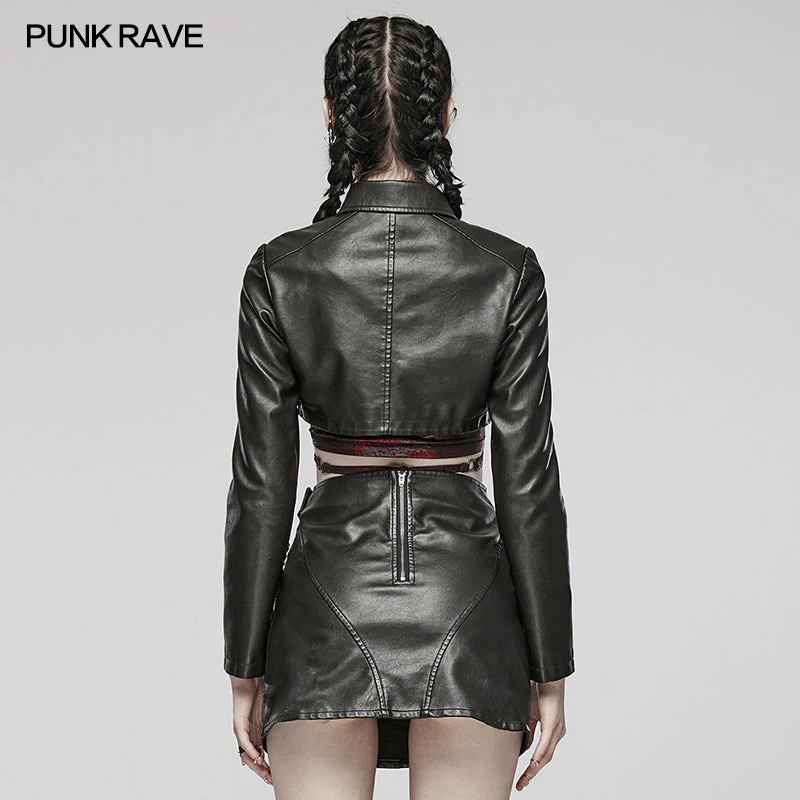 WY-1568PDF Punk Rave Punk Jacket Cropped Faux Leather Zip-Up with Studded Details - Image 3