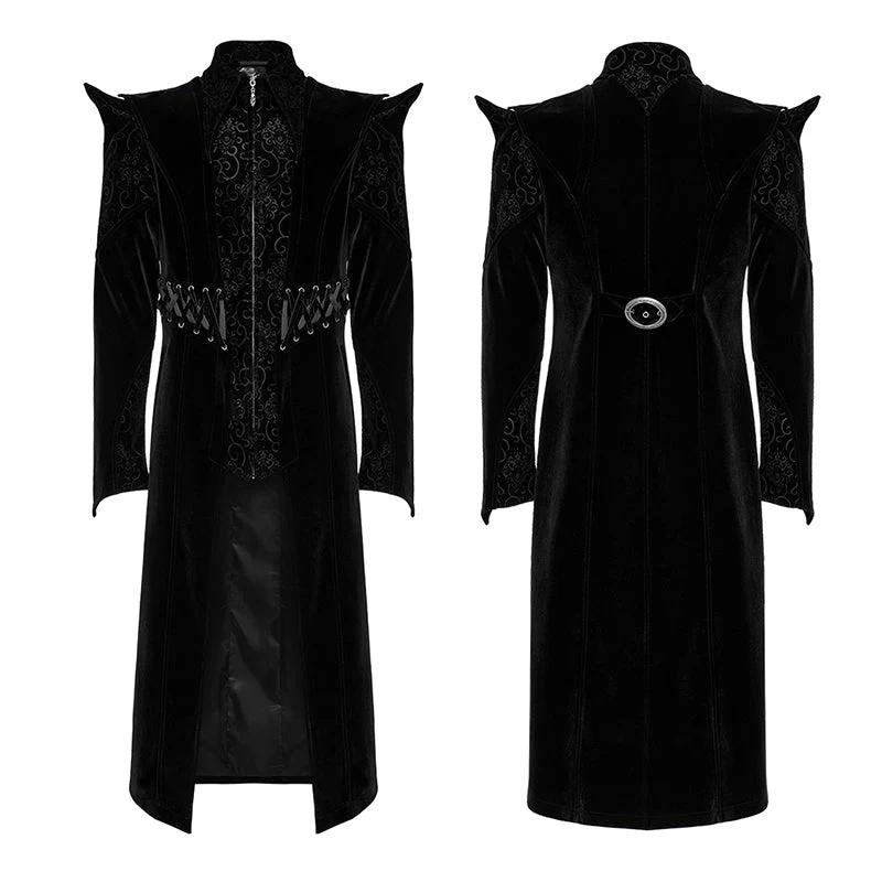 WY-1570XCM Punk Rave Gothic Coat Long black Velvet Victorian Trench with Spiked Shoulders - Image 4