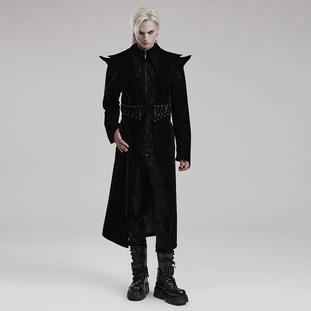 WY-1570XCM Punk Rave Gothic Coat Long black Velvet Victorian Trench with Spiked Shoulders - Image 7