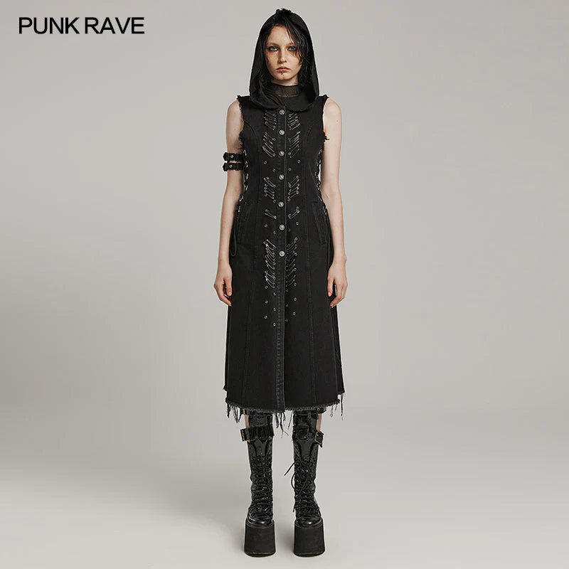WY-1574MJF Punk Rave Punk Vest Sleeveless Long Hooded Denim Vest with Distressed Details