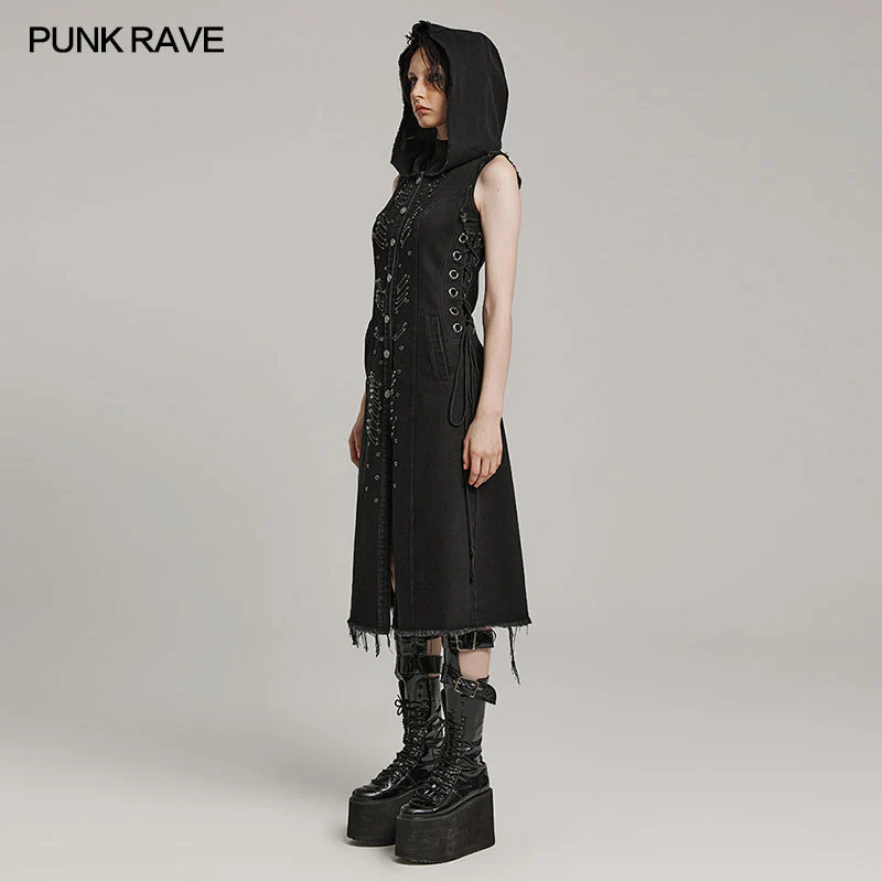 WY-1574MJF Punk Rave Punk Vest Sleeveless Long Hooded Denim Vest with Distressed Details - Image 14