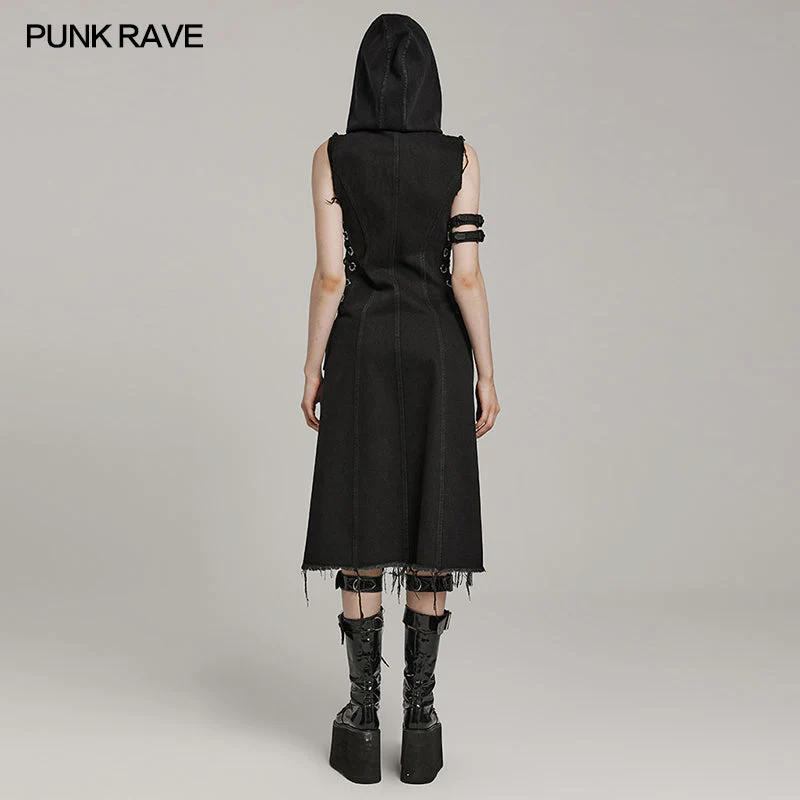 WY-1574MJF Punk Rave Punk Vest Sleeveless Long Hooded Denim Vest with Distressed Details - Image 3