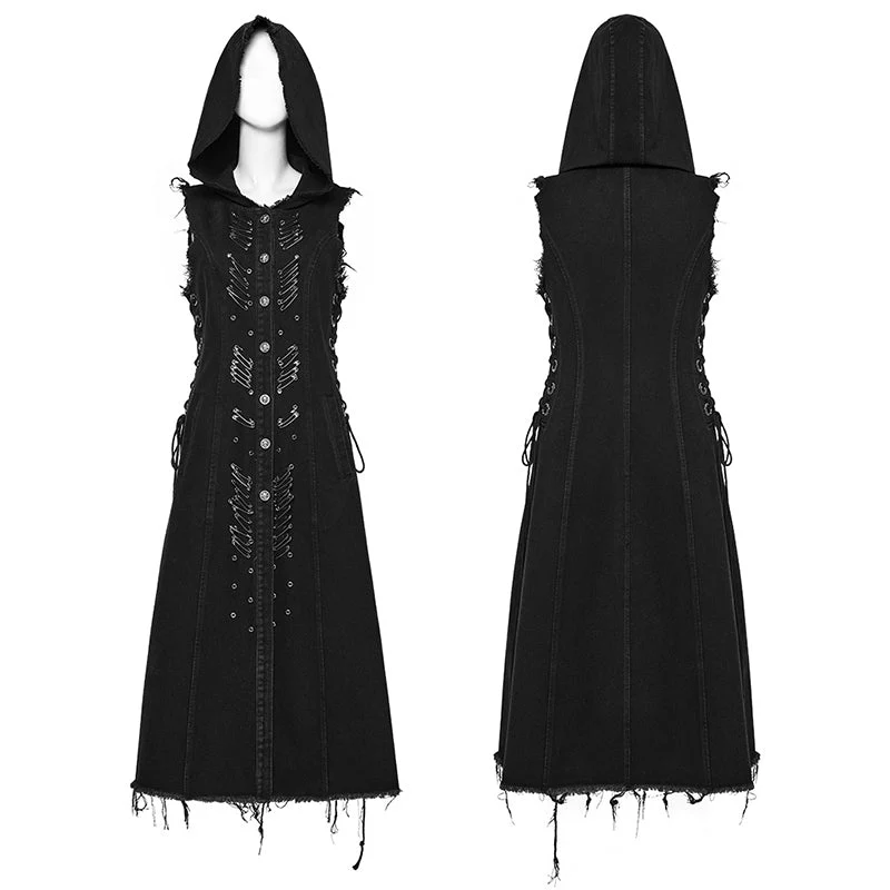 WY-1574MJF Punk Rave Punk Vest Sleeveless Long Hooded Denim Vest with Distressed Details - Image 4