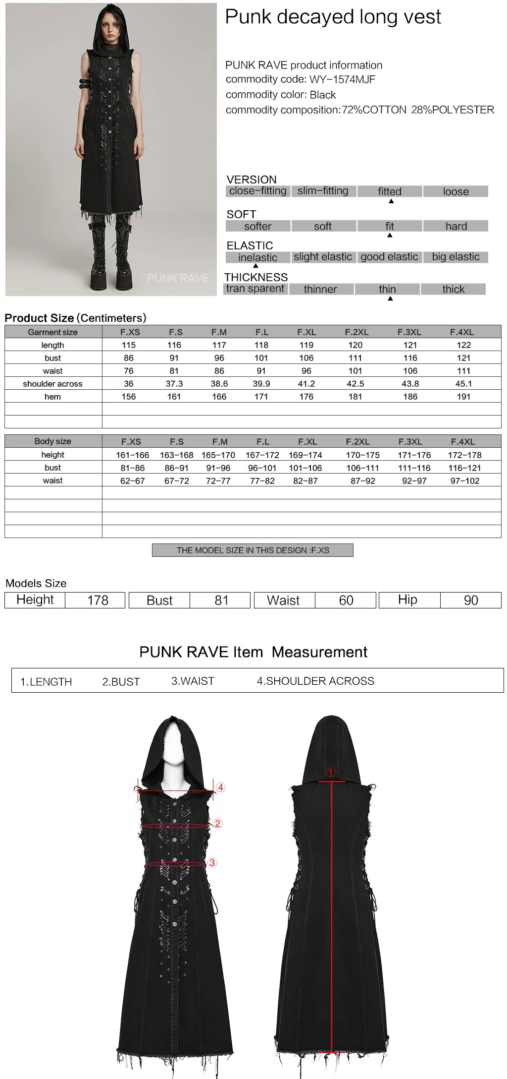 WY-1574MJF Punk Rave Punk Vest Sleeveless Long Hooded Denim Vest with Distressed Details - Image 6