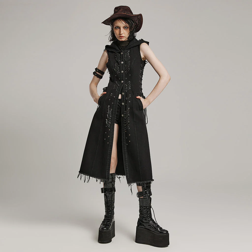 WY-1574MJF Punk Rave Punk Vest Sleeveless Long Hooded Denim Vest with Distressed Details - Image 8