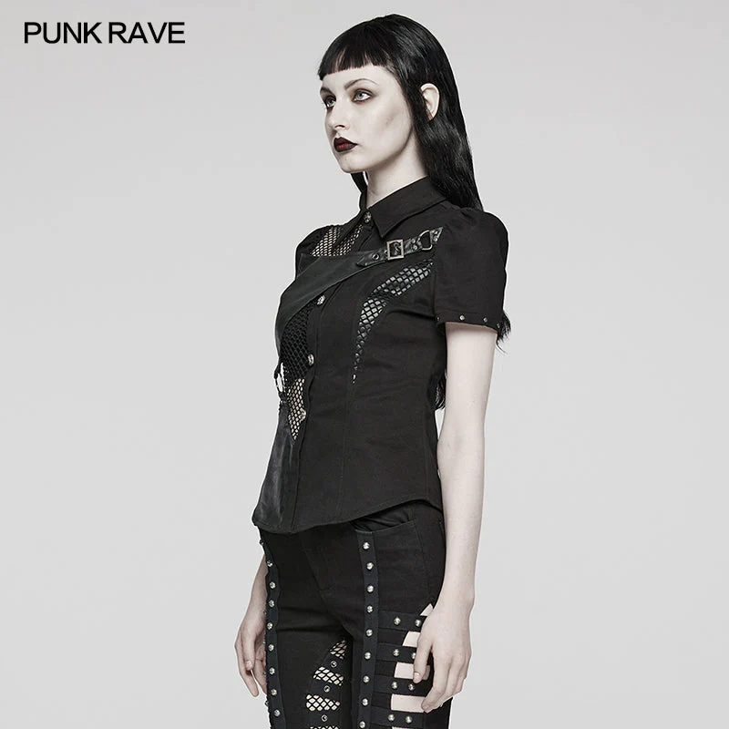 WY-1575CDF Punk Rave Punk Shirt Asymmetrical Mesh Panel Top with Faux Leather Straps - Image 13