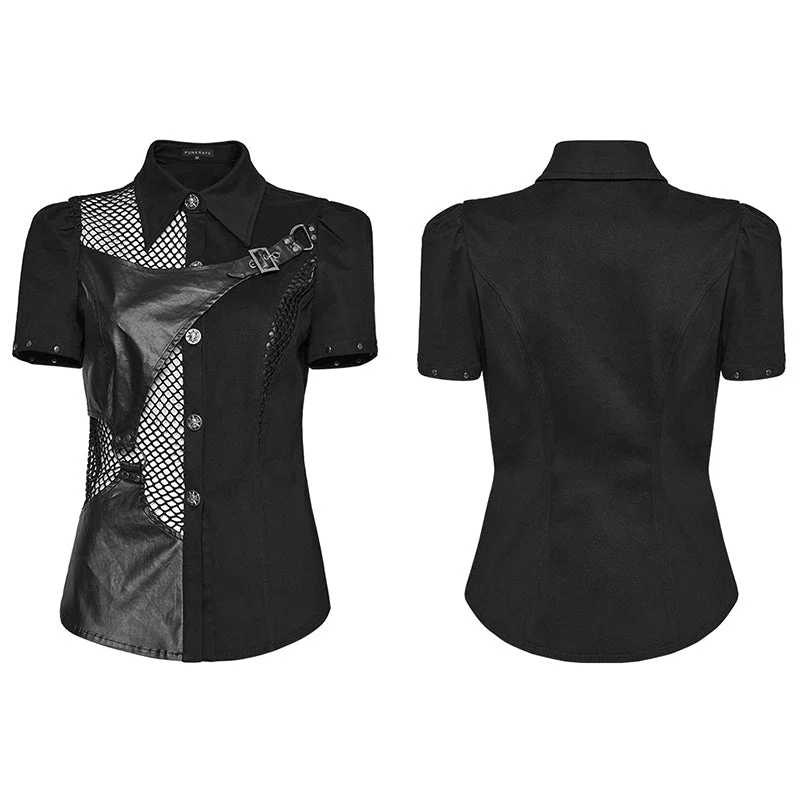 WY-1575CDF Punk Rave Punk Shirt Asymmetrical Mesh Panel Top with Faux Leather Straps - Image 15