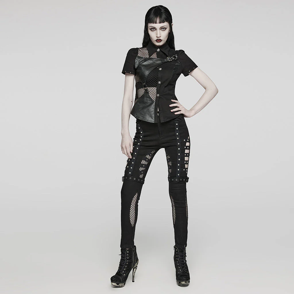 WY-1575CDF Punk Rave Punk Shirt Asymmetrical Mesh Panel Top with Faux Leather Straps - Image 19