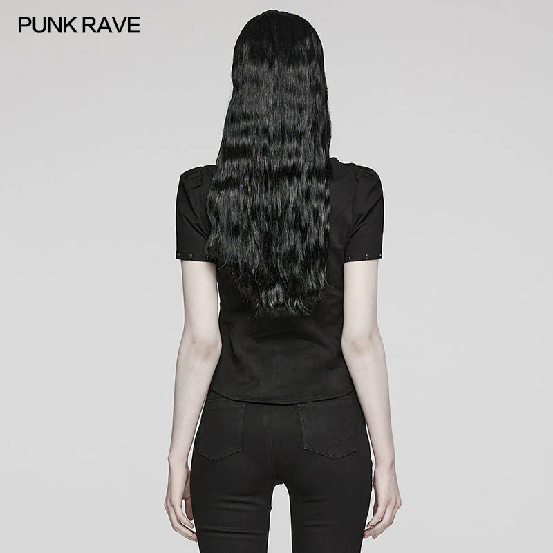 WY-1575CDF Punk Rave Punk Shirt Asymmetrical Mesh Panel Top with Faux Leather Straps - Image 3