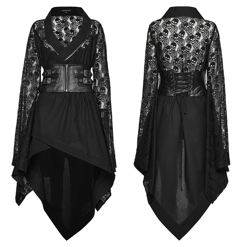 WY-1581XCF Punk Rave Lolita Coat Asymmetrical Gothic Dress with Lace Sleeves and Buckle Belt - Image 9