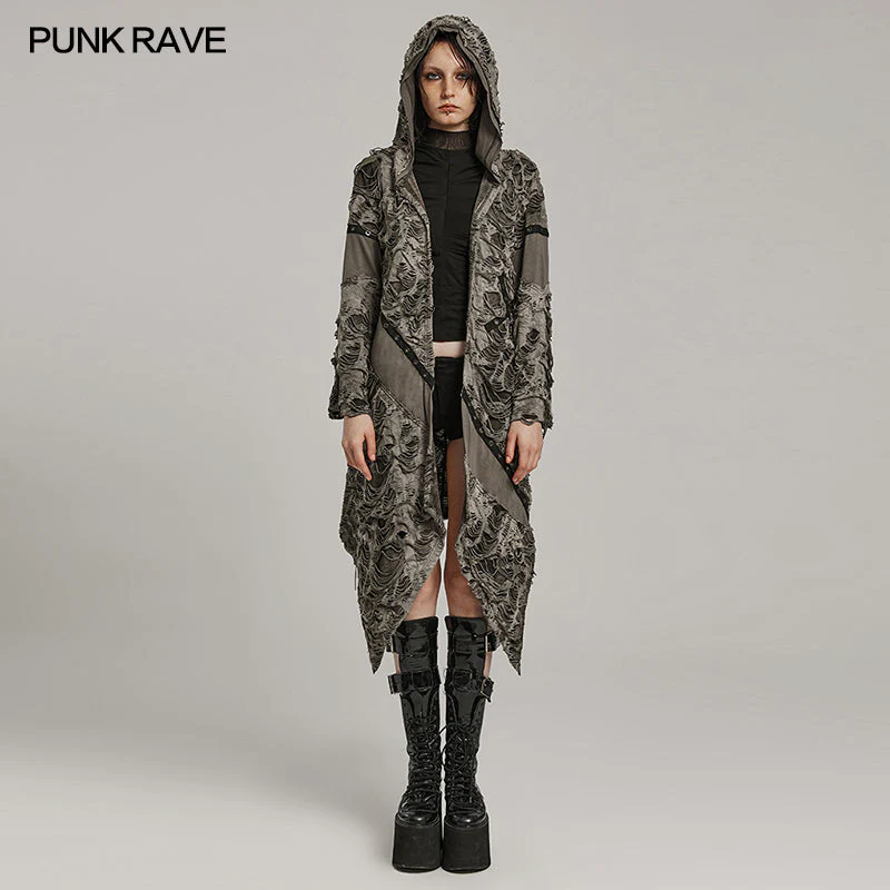WY-1586ZCF Punk Rave Gothic Hooded Coat Long Asymmetrical Open-Front Jacket with Textured Detail - Image 13