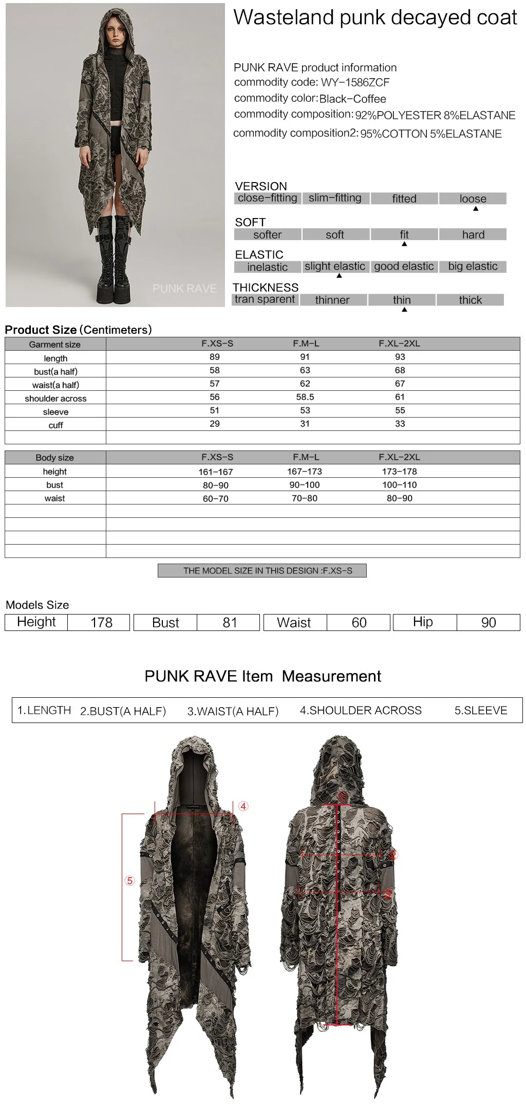 WY-1586ZCF Punk Rave Gothic Hooded Coat Long Asymmetrical Open-Front Jacket with Textured Detail - Image 18