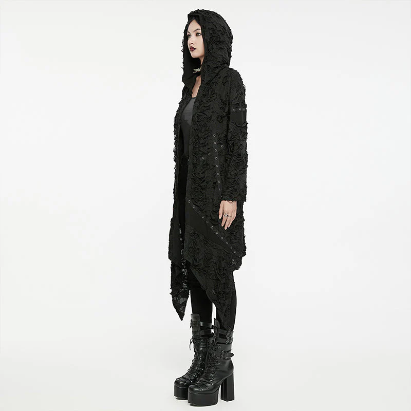 WY-1586ZCF Punk Rave Gothic Hooded Coat Long Asymmetrical Open-Front Jacket with Textured Detail - Image 2