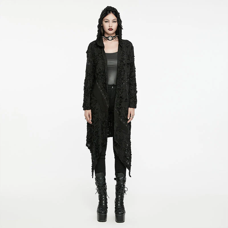 WY-1586ZCF Punk Rave Gothic Hooded Coat Long Asymmetrical Open-Front Jacket with Textured Detail - Image 24