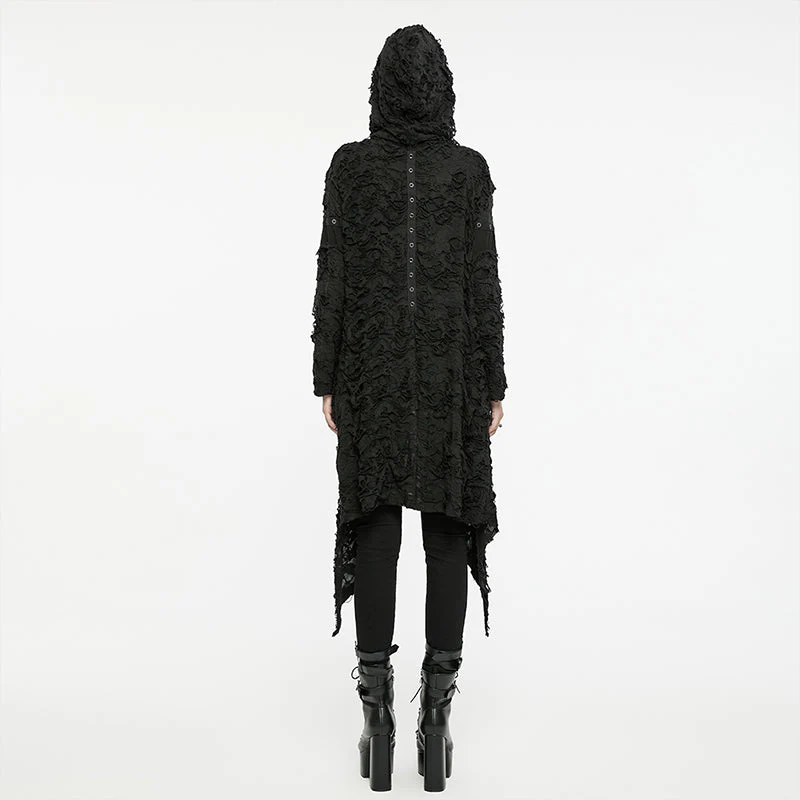 WY-1586ZCF Punk Rave Gothic Hooded Coat Long Asymmetrical Open-Front Jacket with Textured Detail - Image 26