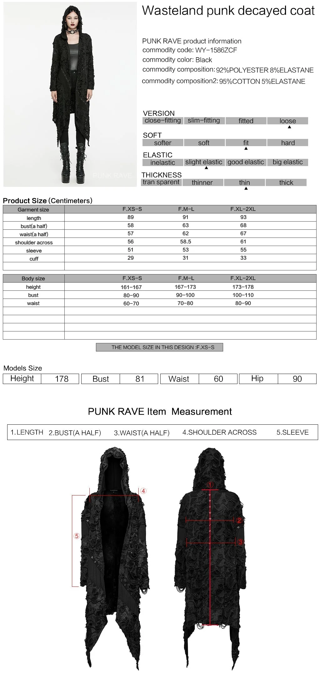 WY-1586ZCF Punk Rave Gothic Hooded Coat Long Asymmetrical Open-Front Jacket with Textured Detail - Image 29
