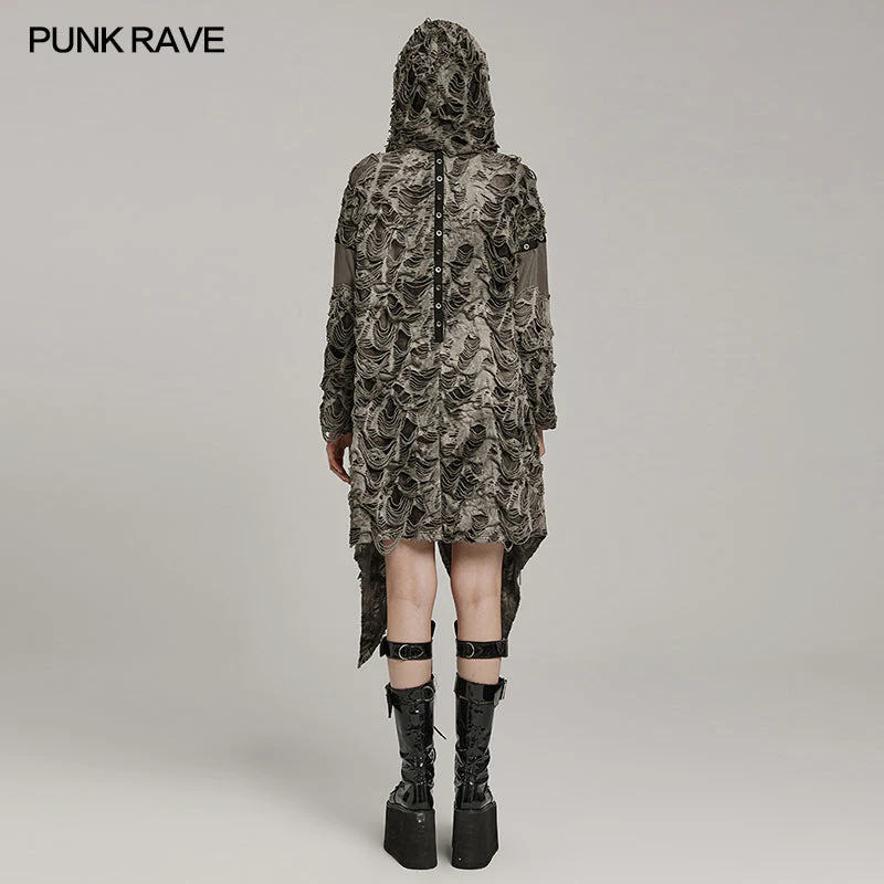 WY-1586ZCF Punk Rave Gothic Hooded Coat Long Asymmetrical Open-Front Jacket with Textured Detail - Image 36