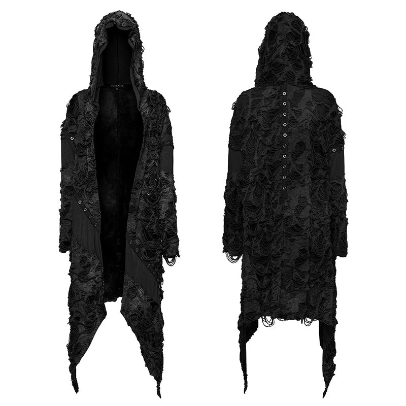 WY-1586ZCF Punk Rave Gothic Hooded Coat Long Asymmetrical Open-Front Jacket with Textured Detail - Image 4