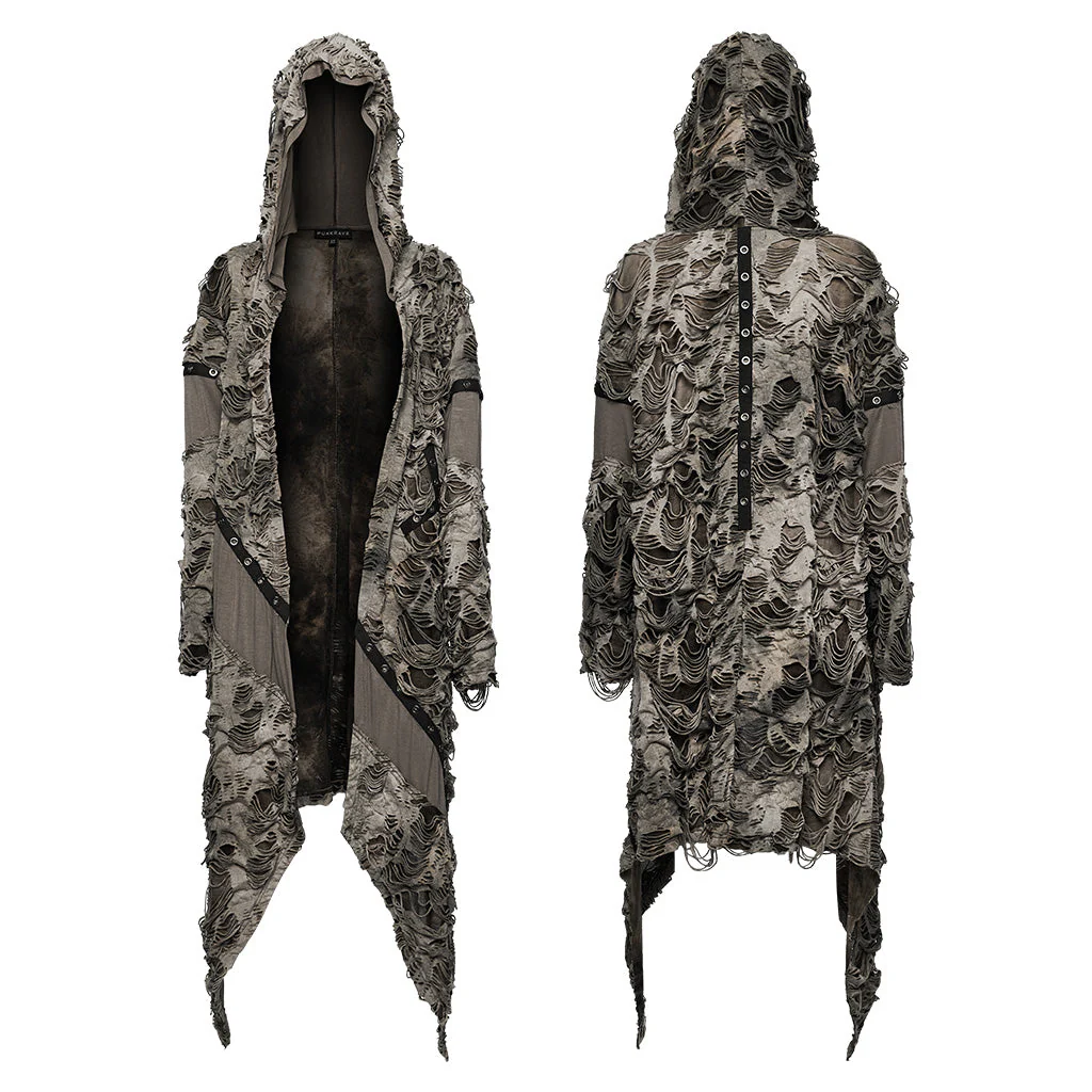 WY-1586ZCF Punk Rave Gothic Hooded Coat Long Asymmetrical Open-Front Jacket with Textured Detail - Image 40