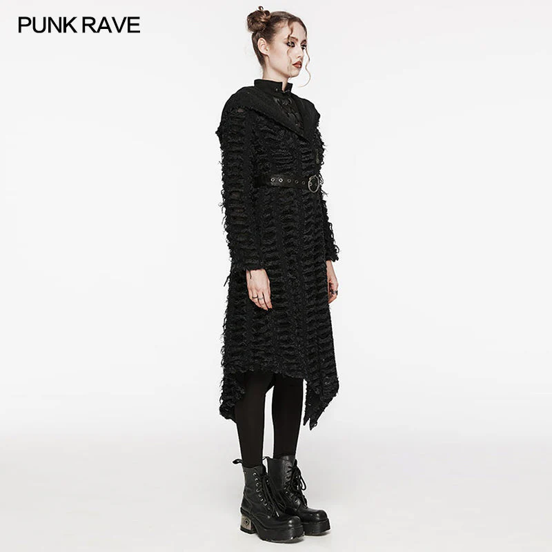 WY-1588XCF Punk Rave Gothic Textured Asymmetrical Coat with Hood and Belt Detail - Image 2