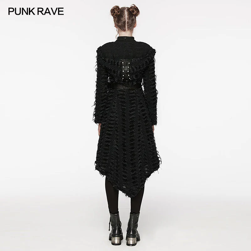 WY-1588XCF Punk Rave Gothic Textured Asymmetrical Coat with Hood and Belt Detail - Image 3
