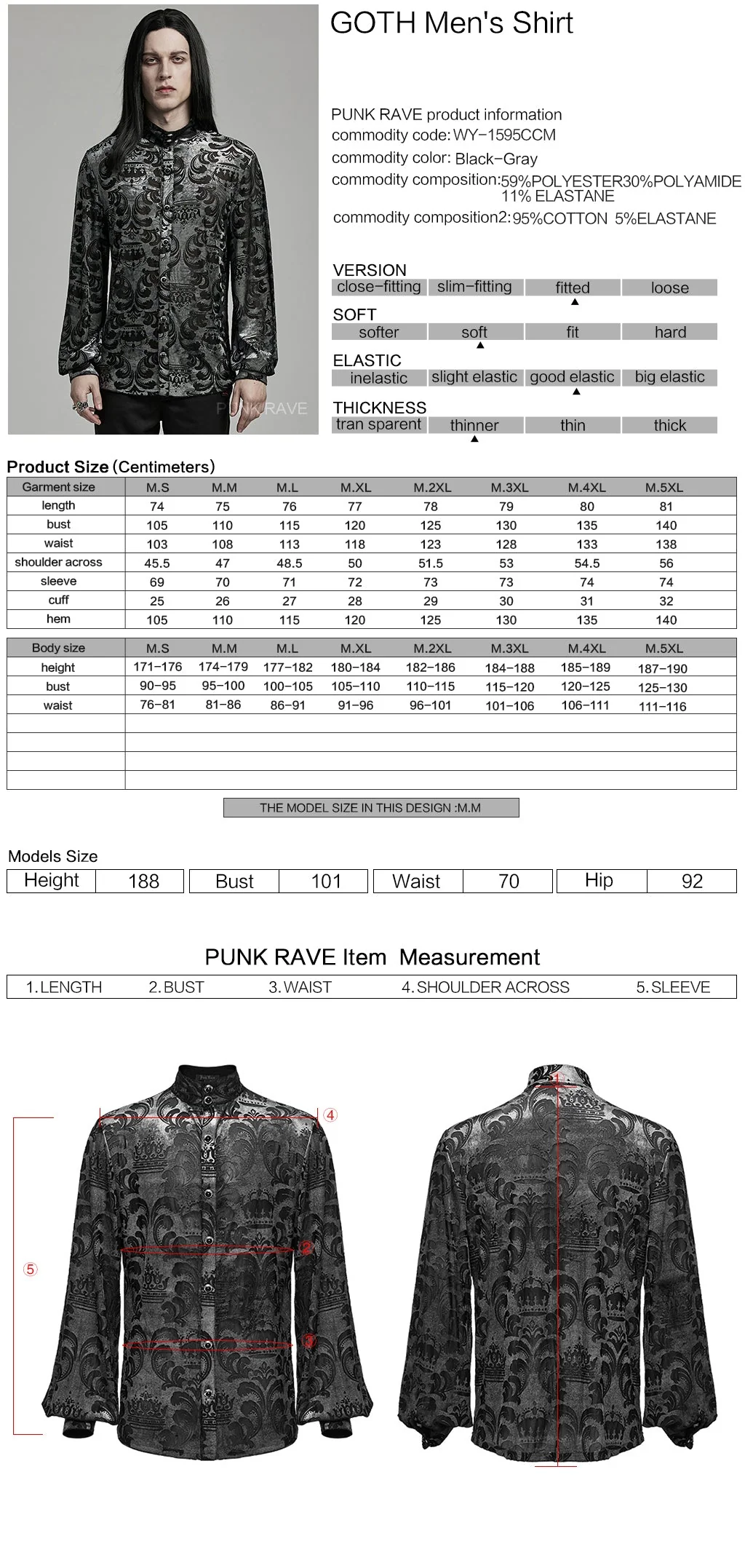 WY-1595CCM Punk Rave Gothic Baroque Patterned Satin Shirt for Men - Image 12